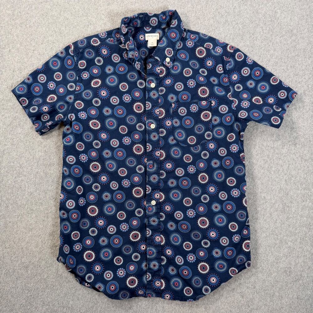 Crewcuts J.Crew Short Sleeve Button Down Shirt Boys 12 Navy Blue Firework Circle